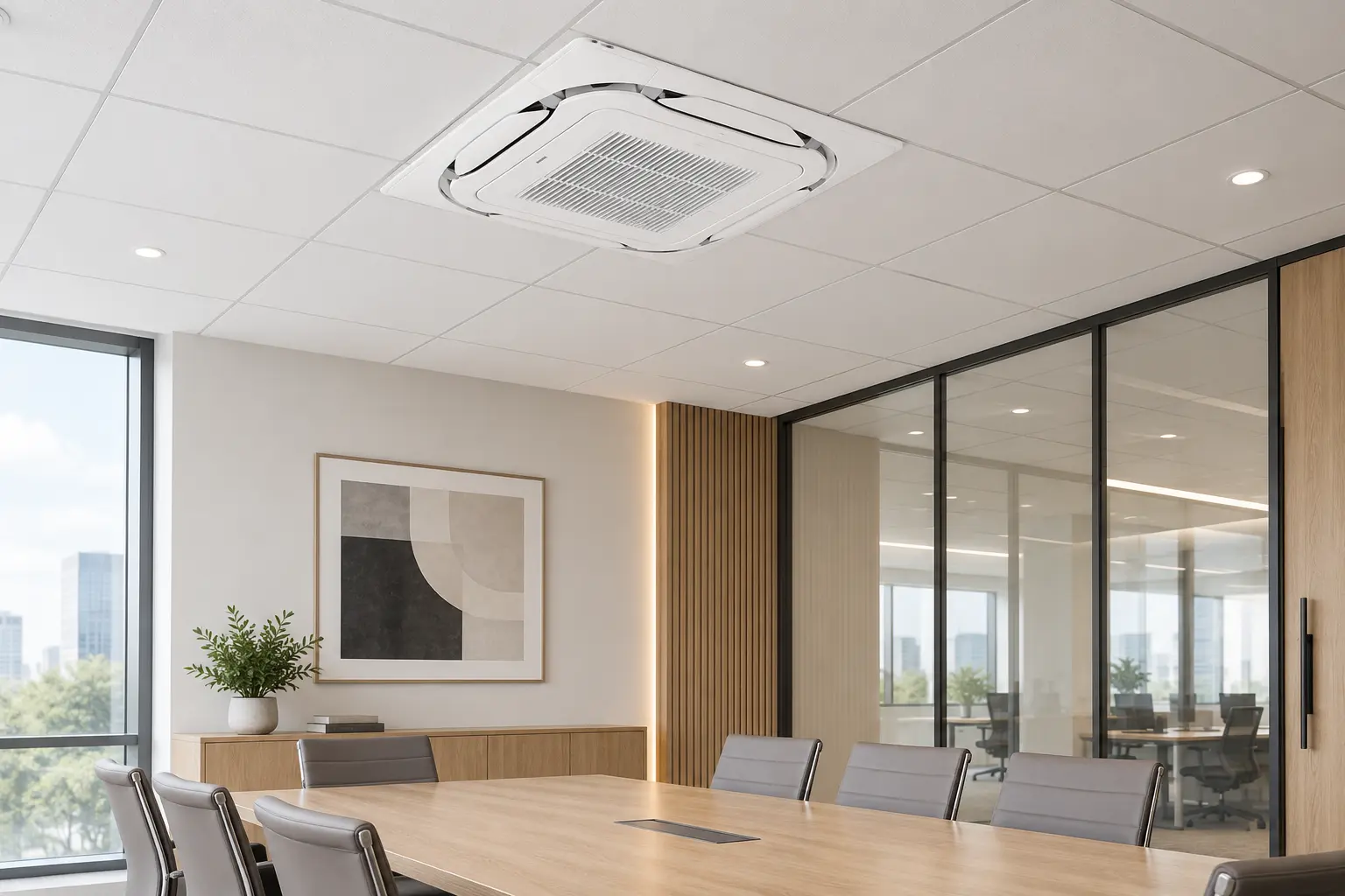Касетъчен климатик Daikin FCAG-B с 360-градусов въздушен поток в модерна конферентна зала