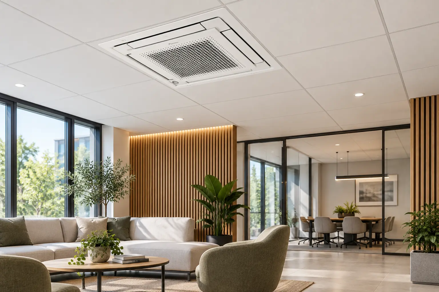 Касетъчен климатик Daikin FFA-A в модерен офис интериор с растерен окачен таван