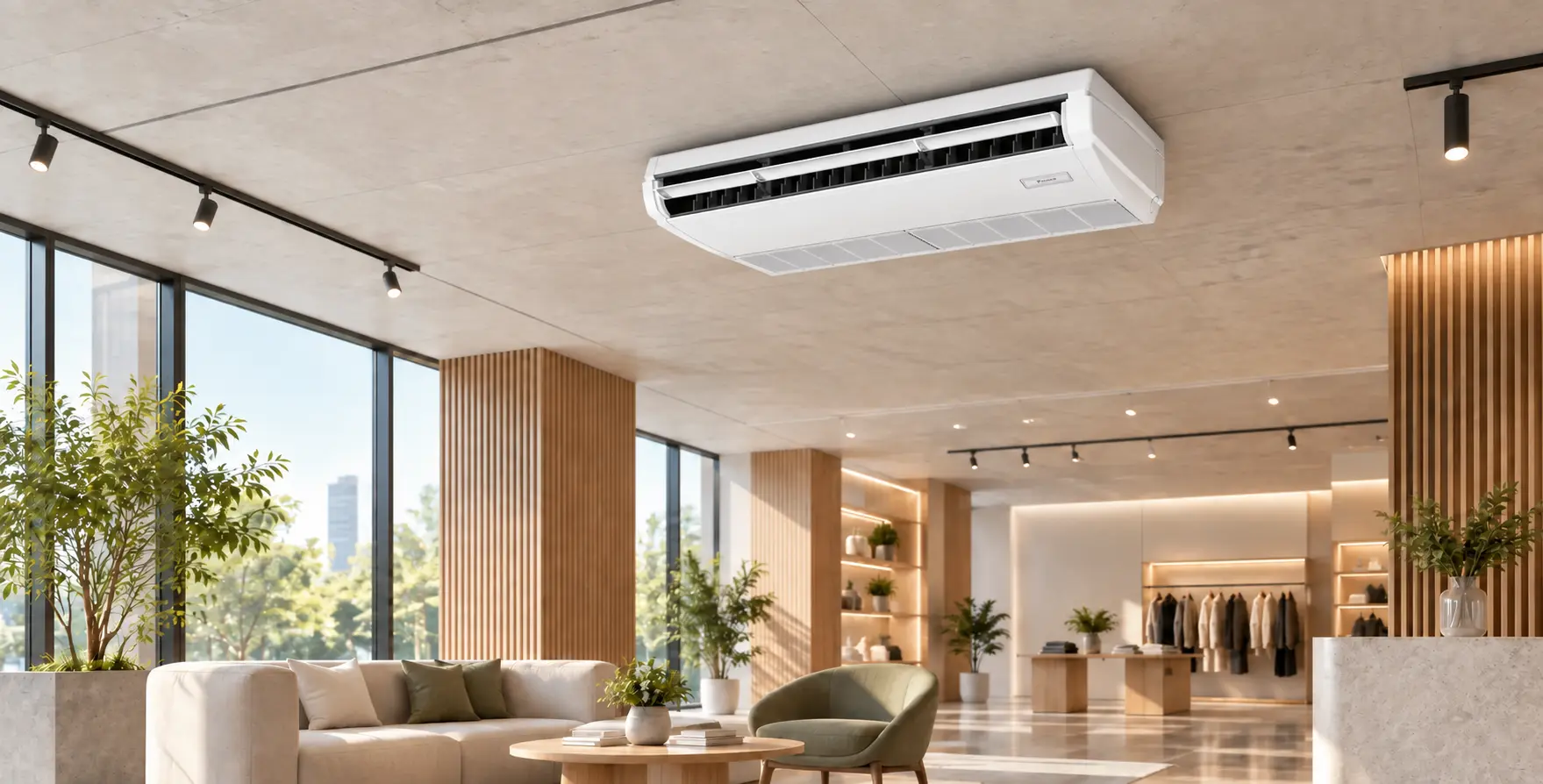 Таванен климатик Daikin FHA-A, монтиран хоризонтално под тавана в модерен търговски интериор