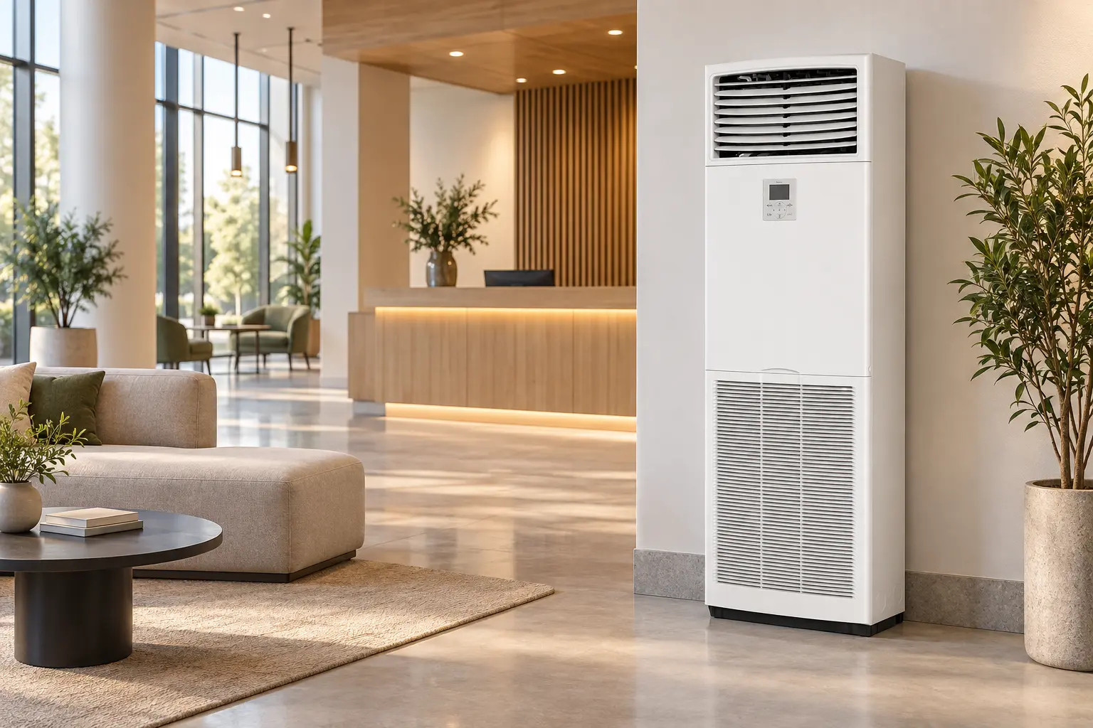 Колонен климатик Daikin FVA-A в модерно търговско помещение с високи тавани