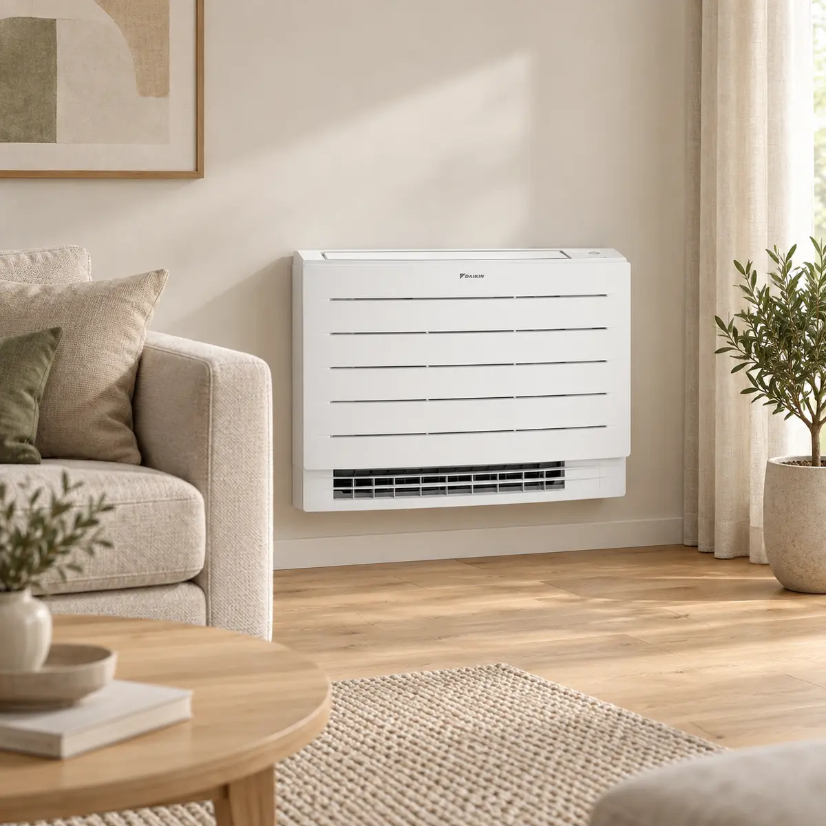 Подов климатик Daikin Perfera FVXM в модерен дневен интериор