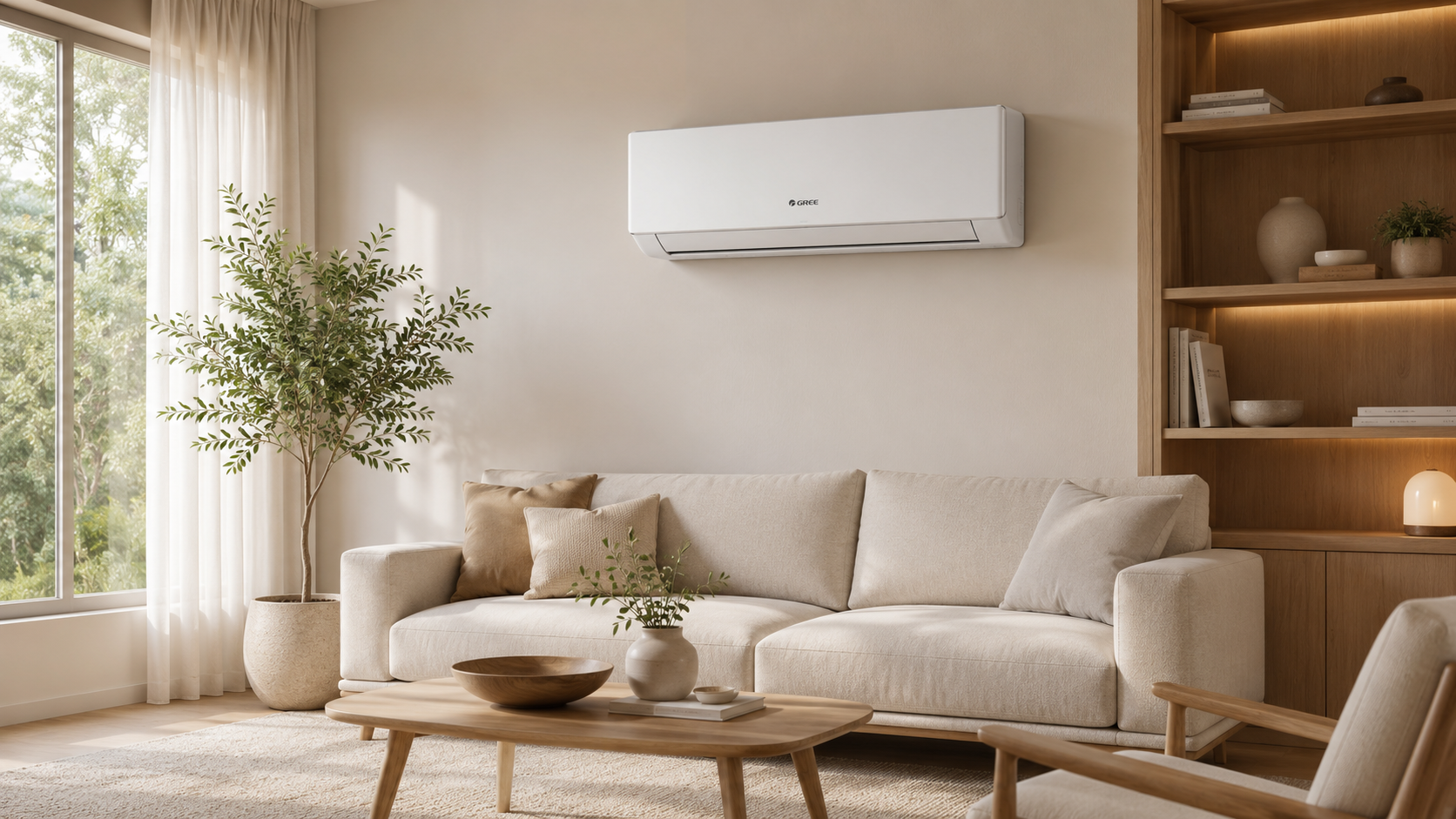 Бял стенен климатик Gree Airy White 9 000 BTU в светъл домашен интериор