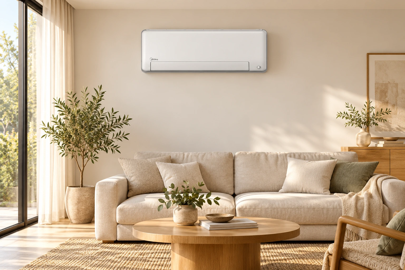 Бял стенен климатик Midea All Easy Pro Nordic над диван в светла дневна