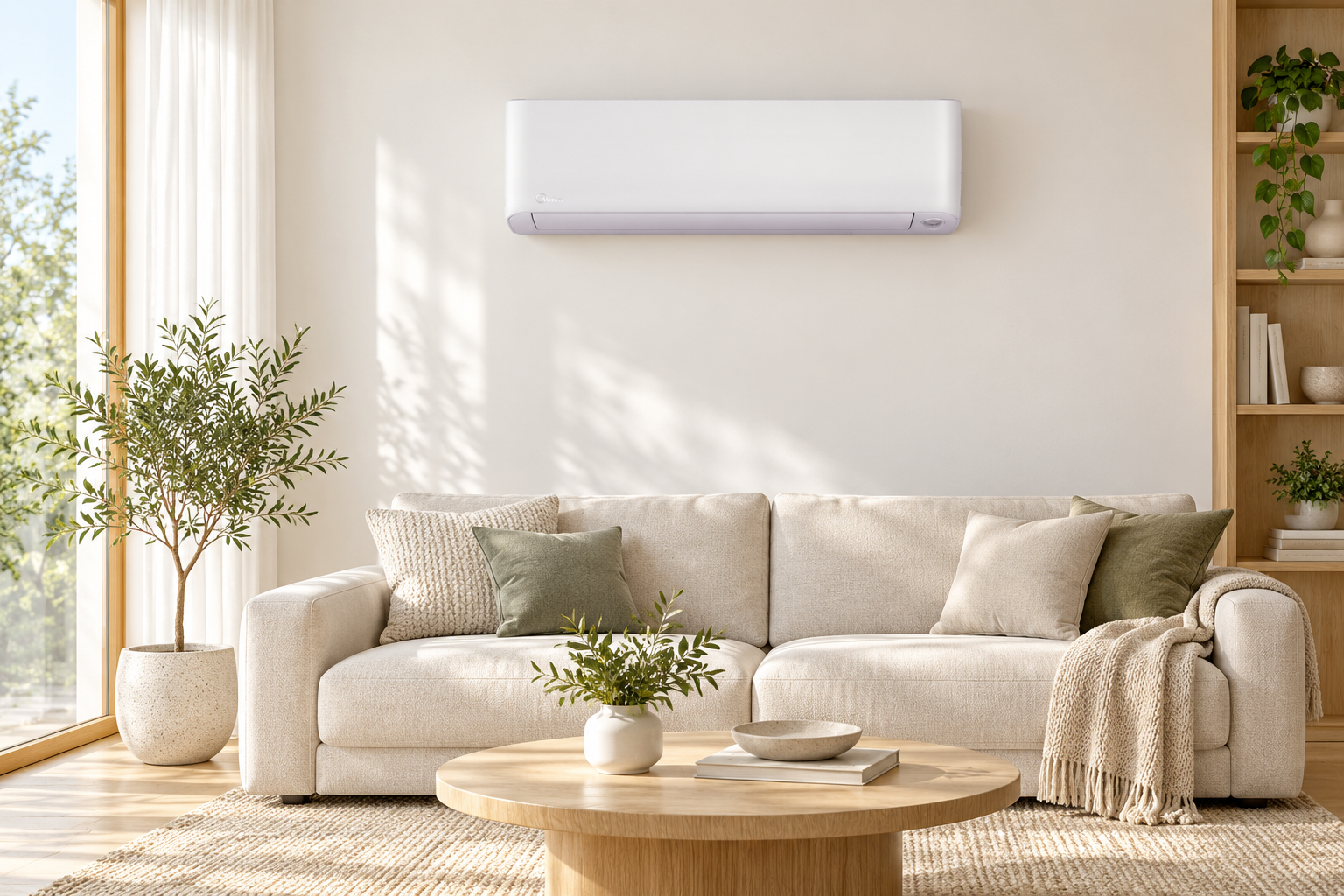 Бял климатик Midea Oasis Plus Nordic над светъл диван в дневна с естествена светлина