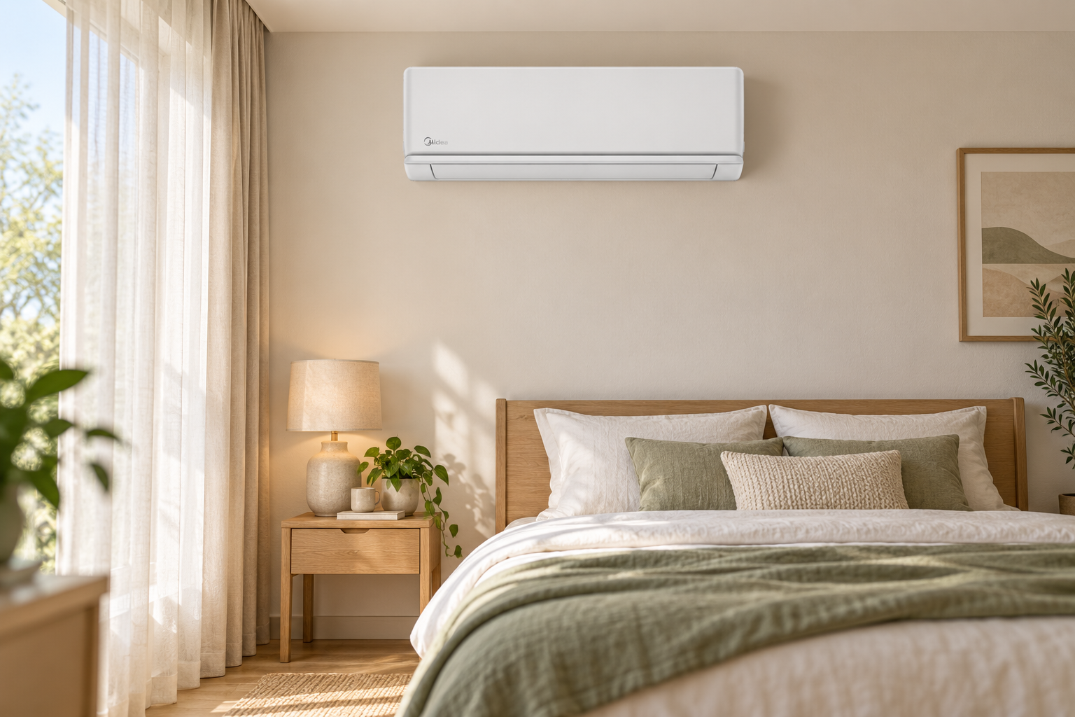 Бял стенен климатик Midea Prime 2 в светъл интериор на спалня