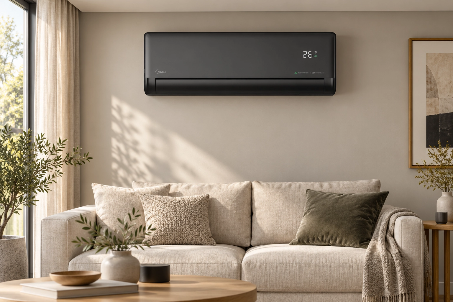 Климатик Midea Solstice Matte Black в матово черно над светъл диван в модерен интериор