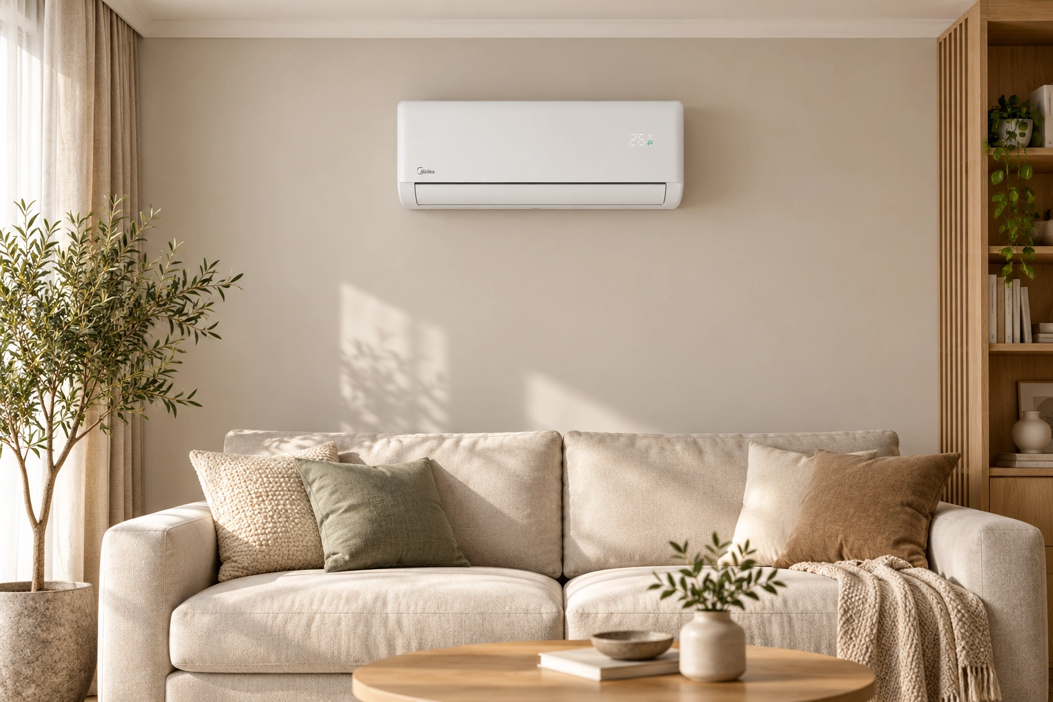 Климатик Midea Solstice Matte White в матово бяло над светъл диван в модерен интериор