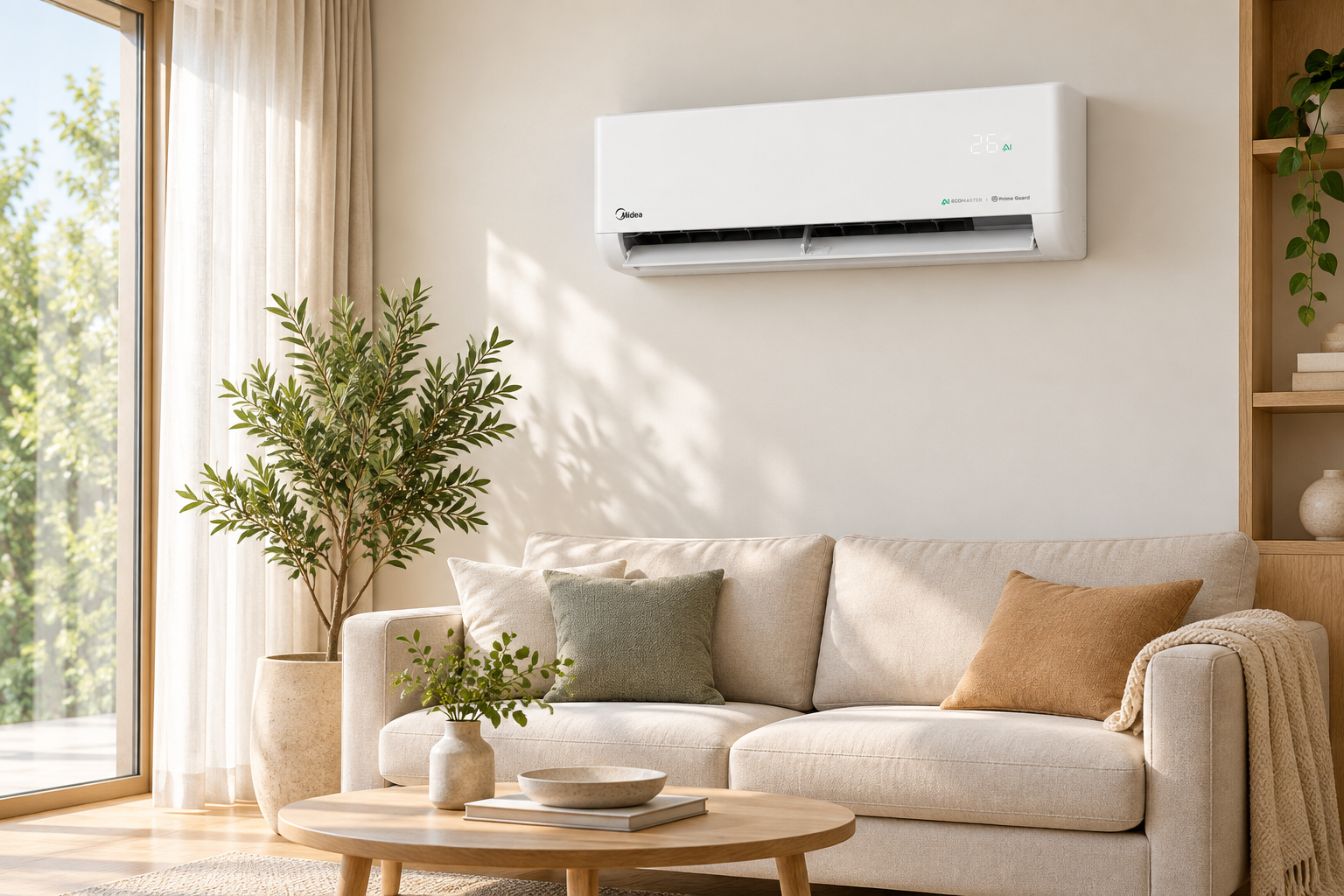 Бял климатик Midea Solunar над светъл диван в дневна с естествена светлина