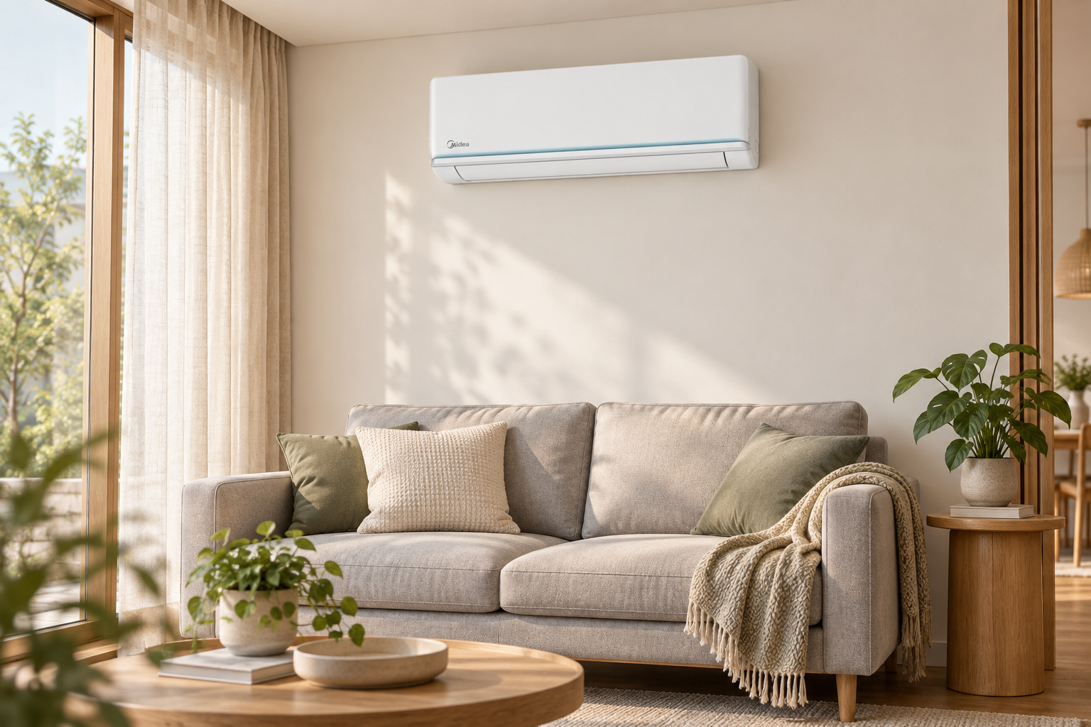 Бял стенен климатик Midea Xtreme Eco над диван в светла дневна