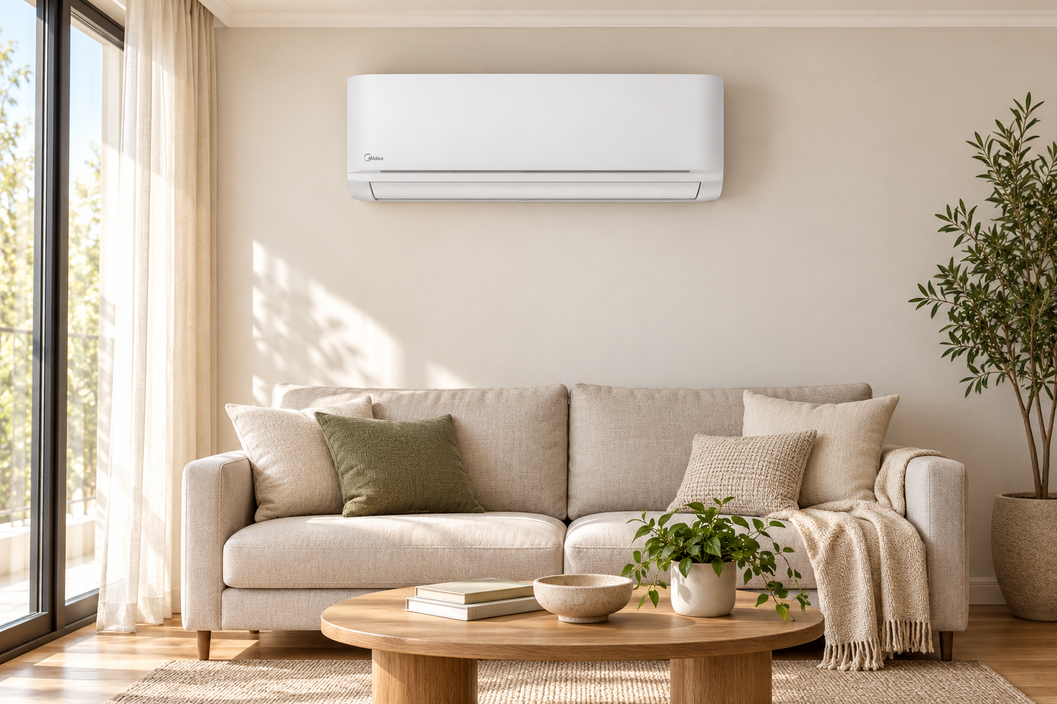 Бял климатик Midea Xtreme Heat Nordic над светъл диван в модерен интериор