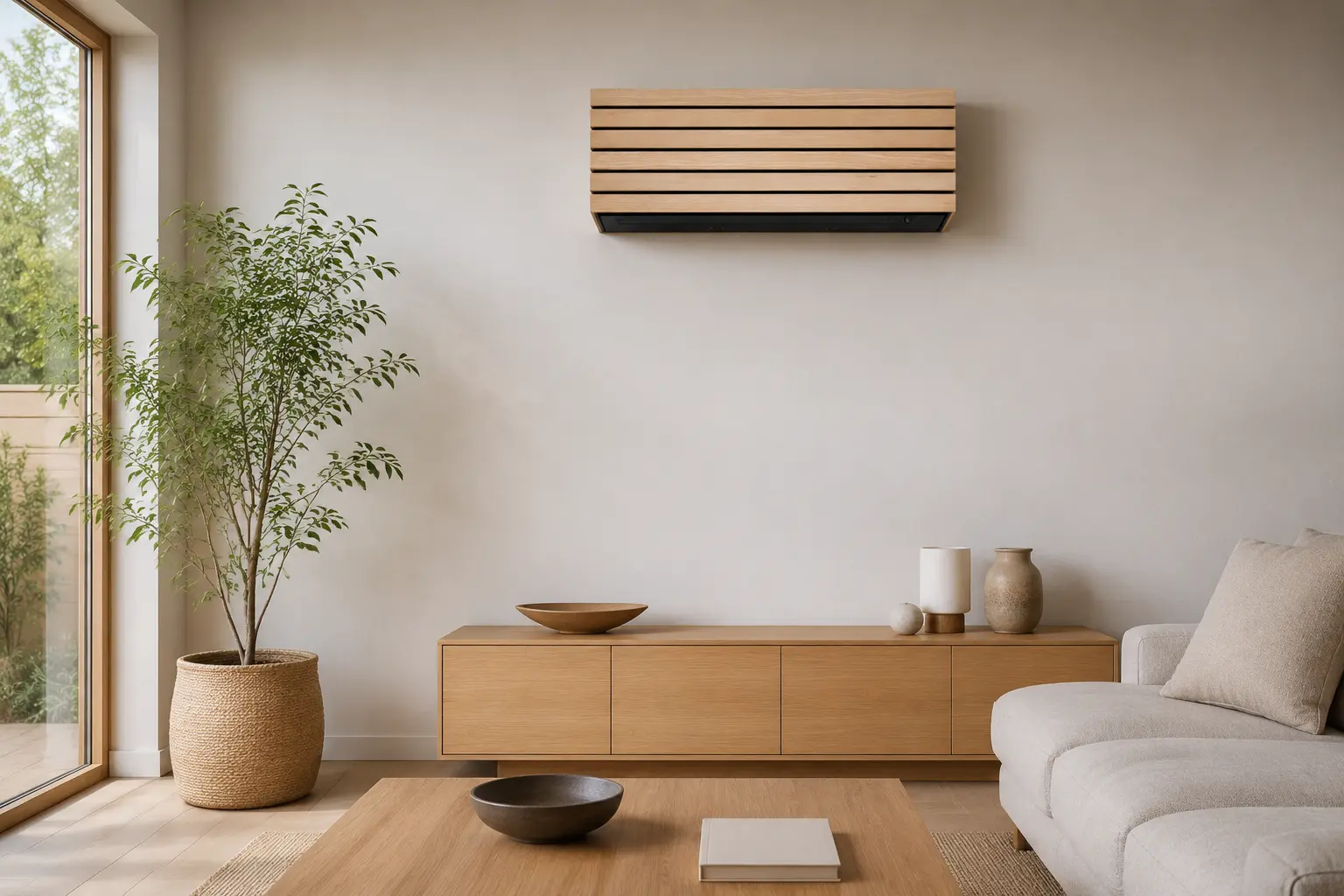 Климатик Toshiba Daiseikai 10 Wood с дървен панел в модерен светъл интериор